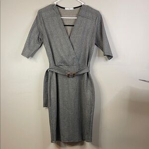 MNG Gray Brown Belted Midi Dress Size XS EUC #73